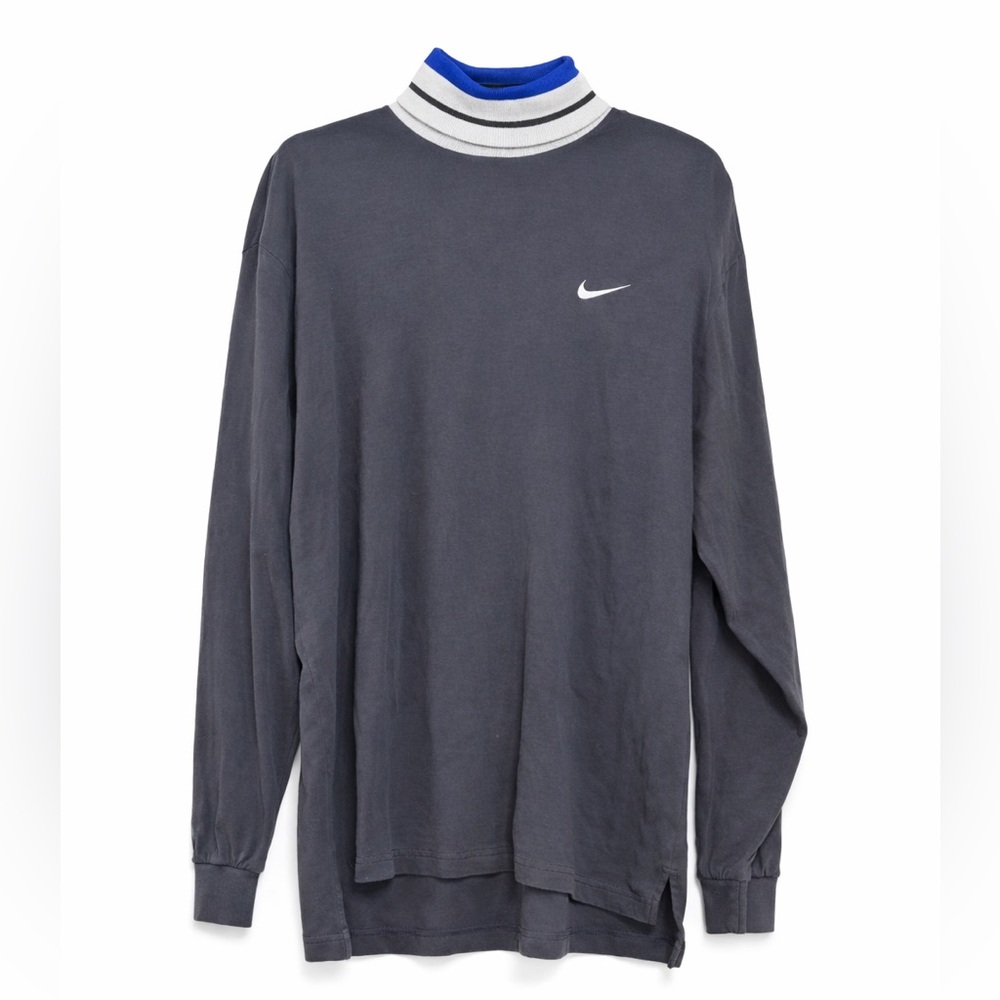 Vintage Nike Mock Neck Long Sleeve Charcoal Gray Blue Stripe Men’s L